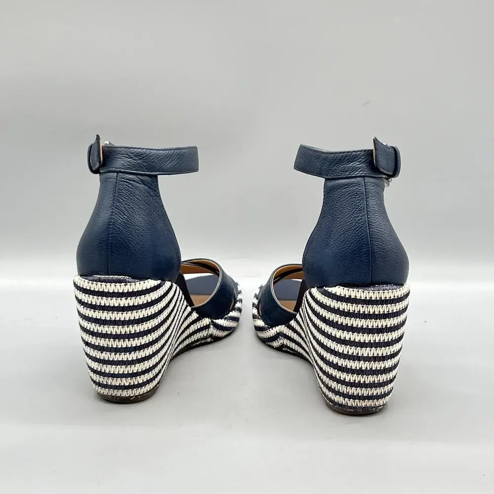 Vionic Sandals Womens 7 Blue Leather Marina Espadrille Ankle Strap Wedge Shoes